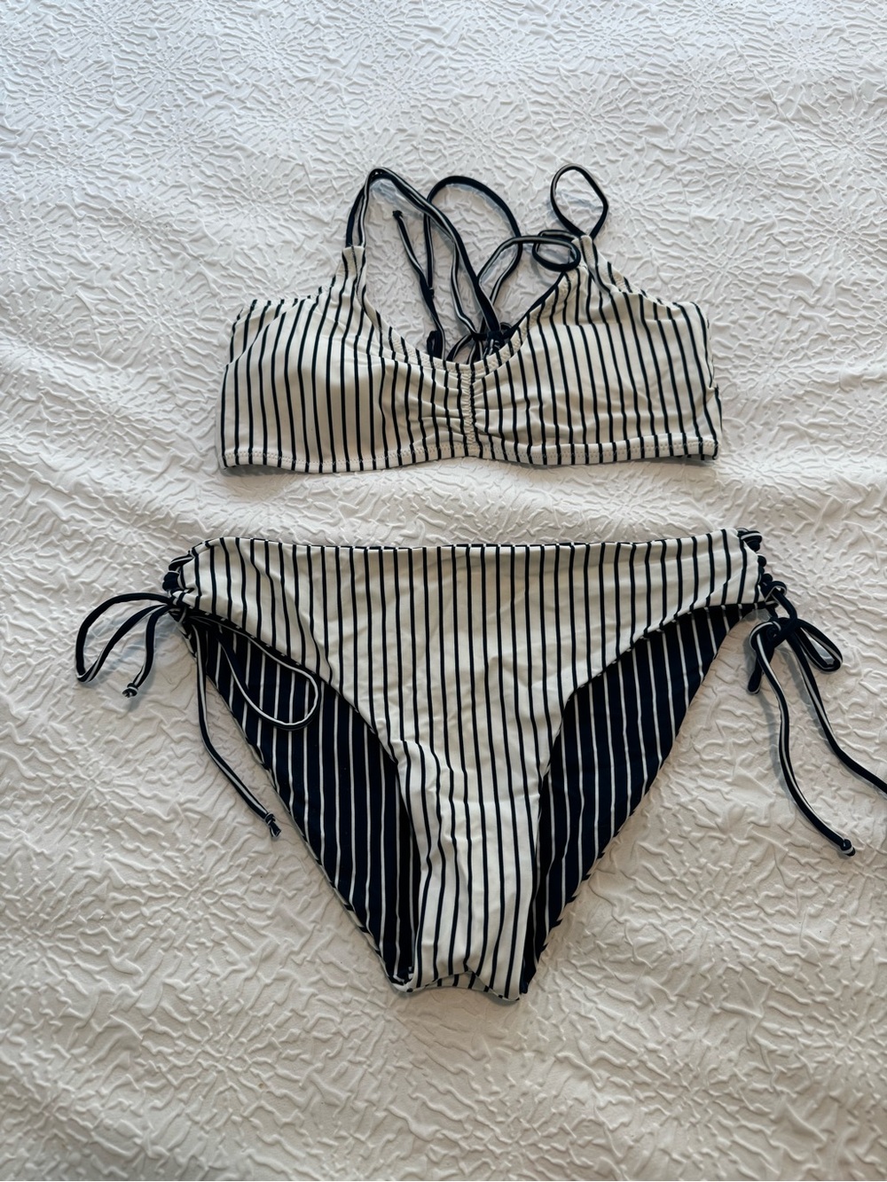Reversible Navy Blue Striped Bikini Set - Size Large - Barely Worn!